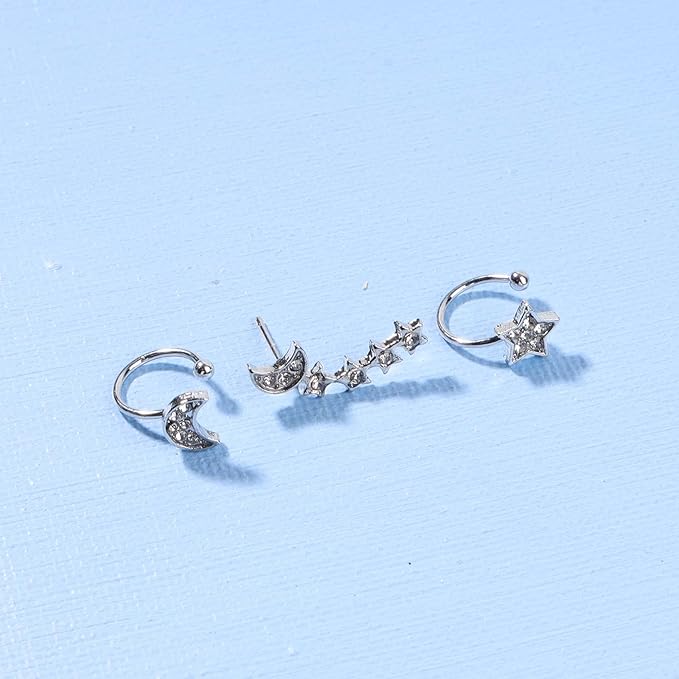 Boho Moon Star Ear Climber Earrings Silver Cz Star Ear Crawler Earrings Vintage Rhinestone Moon Cuff Earrings Cartilage Star Trailing Earrings Celestial Jewelry for Women and Girls Gifts