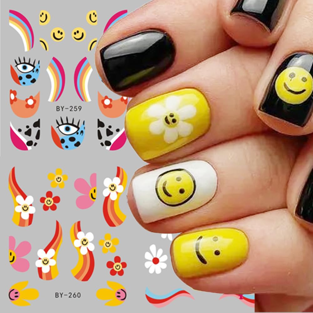 Abstract French Tips Nail Art Stickers Decals Colorful Sun Flower Smiling Nail Foils Sticker Water Transfer Nail Decals Rainbow Design Acrylic Nail Sticker for Nail Art Women Nail Decoration 12Pcs
