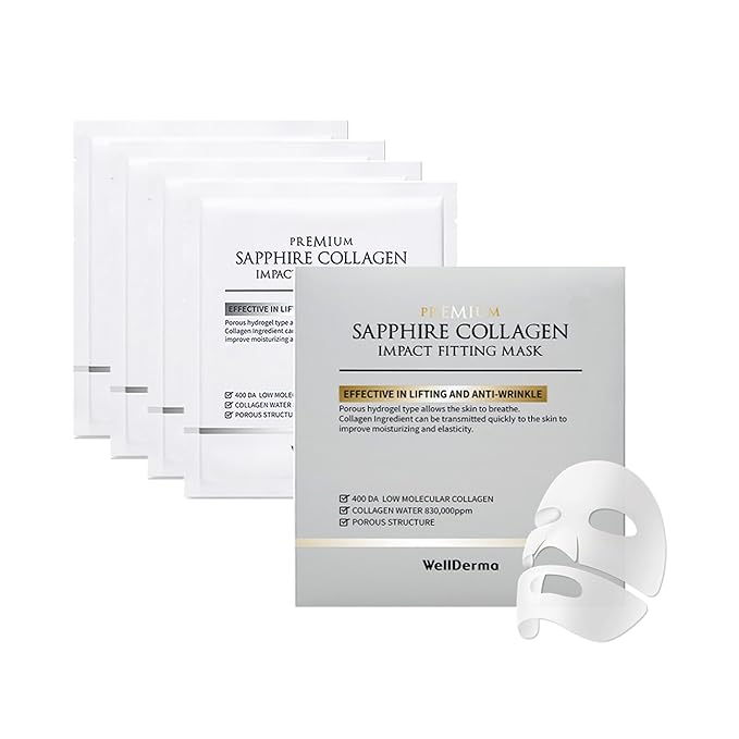 WELLDERMA Sapphire Collagen Face Mask Premium Impact Fitting Overnight Face Mask 4EA-Korean Face Sheet Mask for all skin types-Hydrating facial mask sheets-Patented Structure Hydrogel Type-Niacinamide