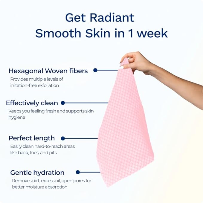 Exfoliating Washcloth Face & Body Scrub Towel - Japanese Exfoliating Towel with Hexagon Fibers, Body Scrubber with 2 Sides for Scrubbing & Washing, Extra Long Body Towel (Pink)