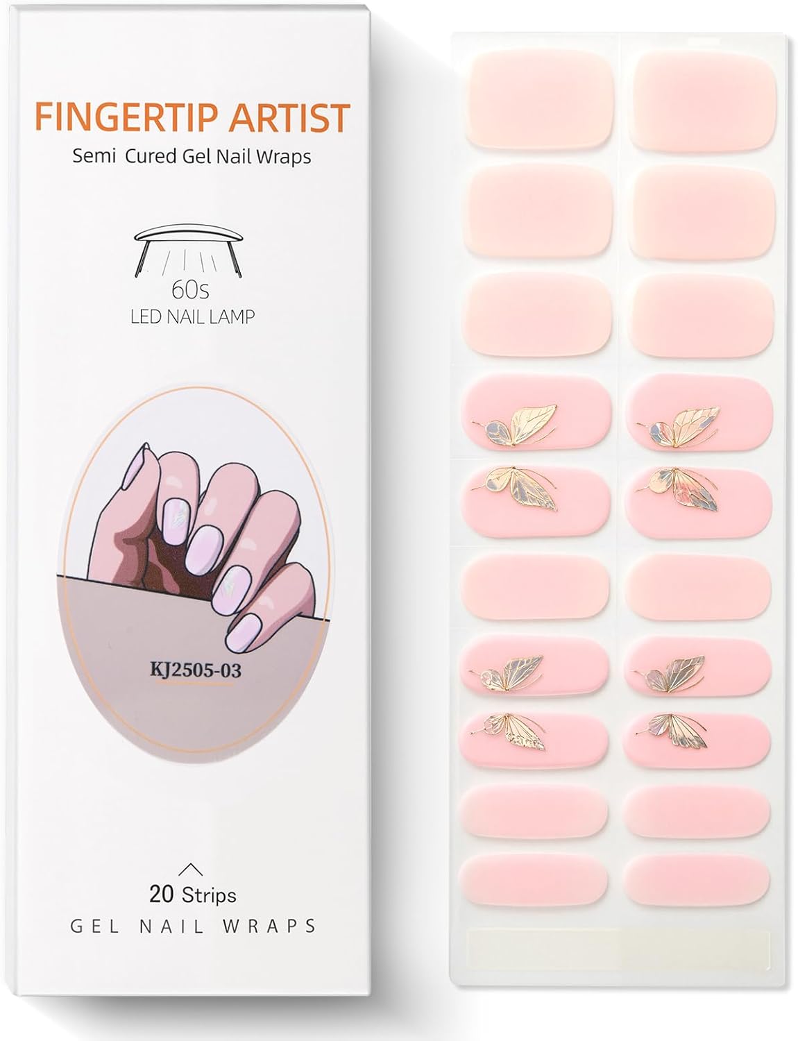 Semi Cured Gel Nail Strips with Butterfly Designs Gel Nail Stickers Glitter Full Cover Nails Wraps Need UV/LED Light with 2 Prep Pads 1Wooen Stick 1Nail File for Women 20Pcs