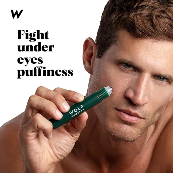 Wolf Project Under Eye Roller - Korean Beauty, with Caffeine, Vitamin C and Peptides - Energizing Serum for Dark Circles and Puffiness, Fine Lines, Wrinkles - Gel-Based Brightening Cream