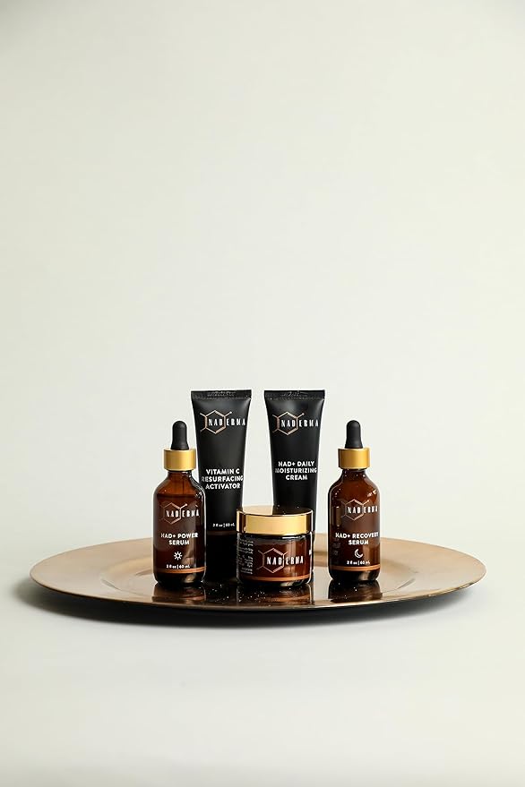 Naderma Set (NAD+ Daily Moisturizing Cream, NAD+ Power Serum, NAD+ Recovery Serum, and Vitamin C Resurfacing Scrub + Activator))
