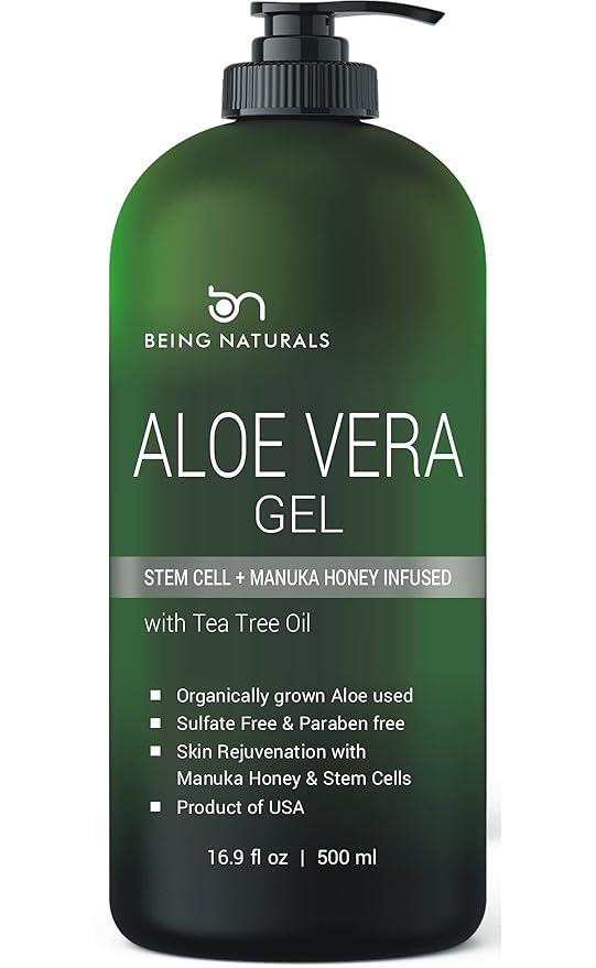 Aloe vera Gel - from 100% Pure Organic Aloe Infused with Manuka Honey, Stem Cell, Tea Tree Oil - Natural Raw Moisturizer for Face, Body, Hair. Perfect for Sunburn, Acne, Razor Bumps 16.9 fl oz