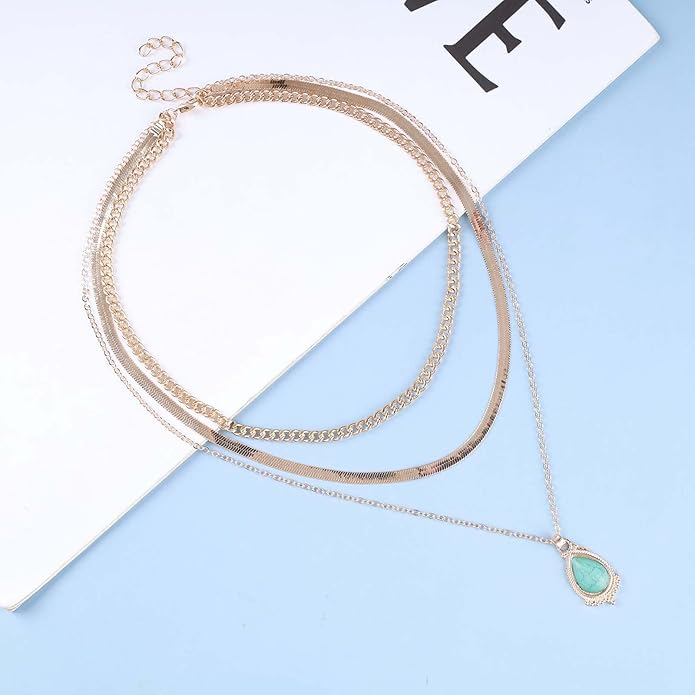 Vintage Layered Turquoise Necklace Turquoise Pendant Necklace Blue Stone Bead Choker Necklace Gold Snake Herringbone Chain Necklace Jewelry for Women