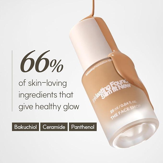 THE FACE SHOP Ink Lasting Liquid Foundation, Full Coverage, 72‑Hour Wear Semi‑Matte Finish, Makeup with Bakuchiol, N320 Chestnut, 0.84 Fl. Oz.