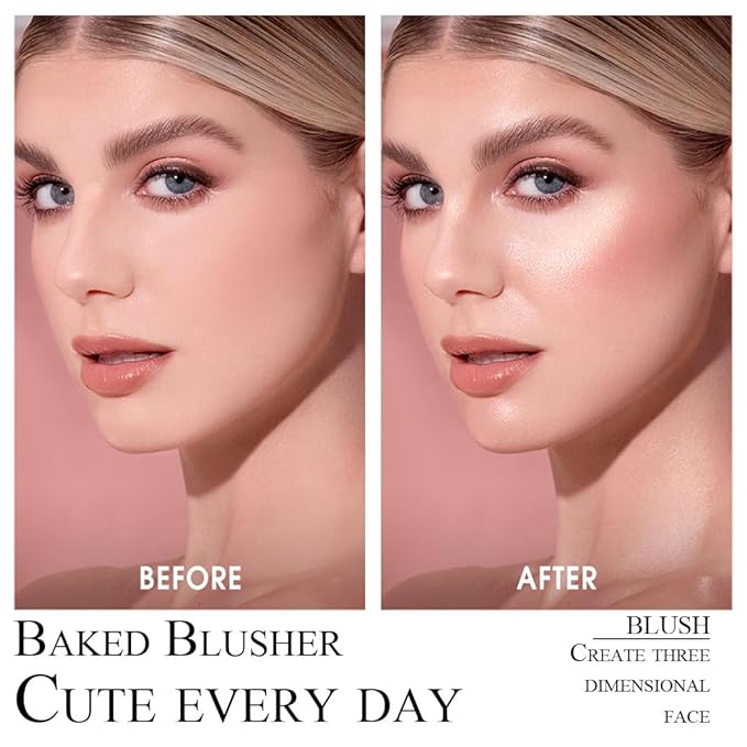 Baked Blush Powder, Natural Glow Blush Palette, Contour Brighten Highlight Face for a Shimmery or Matte Finish, Lightweight Blendable, Long Lasting Face Makeup #02
