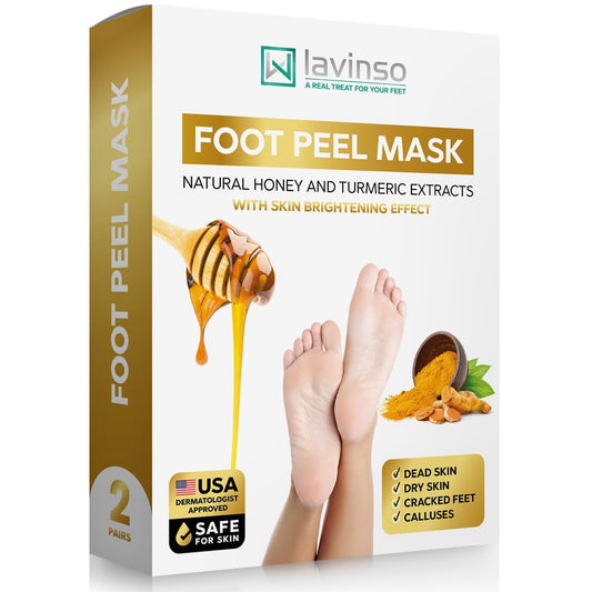 Lavinso Honey Feet Peeling Mask for Dry Cracked Feet - 2 Pack - with Kojic Acid Skin Brightening Effect - Exfoliating Dead Skin and Calluses - Foot Peel Mask for Baby Soft Feet