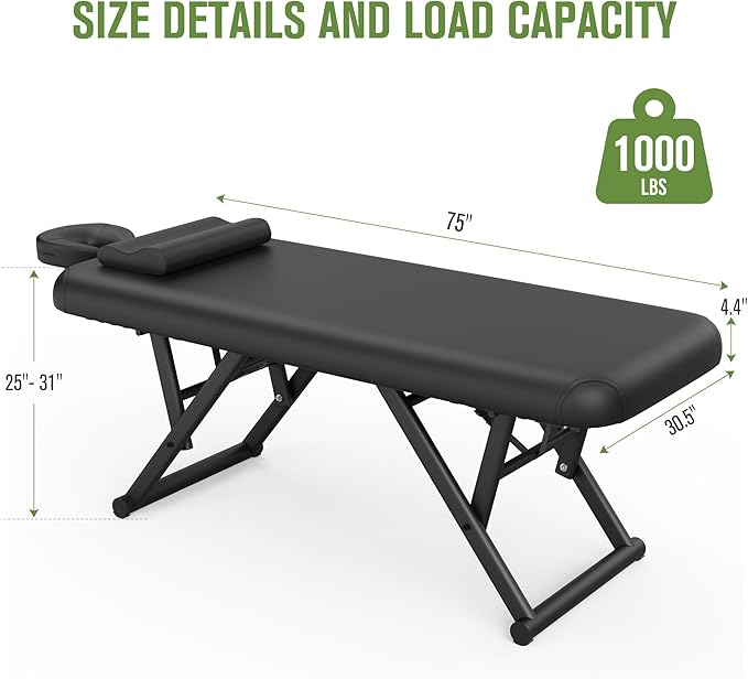 Dolonm Height Adjustable Massage Table with Face Pillow & Headrest for Treatment Table, Physical Therapy Table, Spa Facial Professional Massage Bed - Fixed Backrest, Black