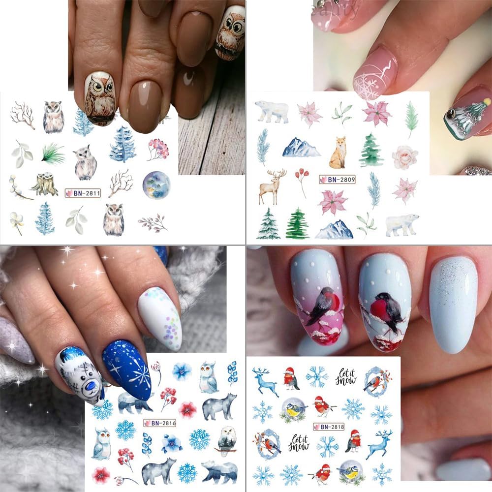 12 Sheets Snowflake Nail Art Stickers Water Transfer Nail Decals Christmas Nail Art Decorations Blue Snowflake Elk Santa Tree Bear Cute Winter Pattern Watermark Nail Stickers for Women DIY Nail Supply