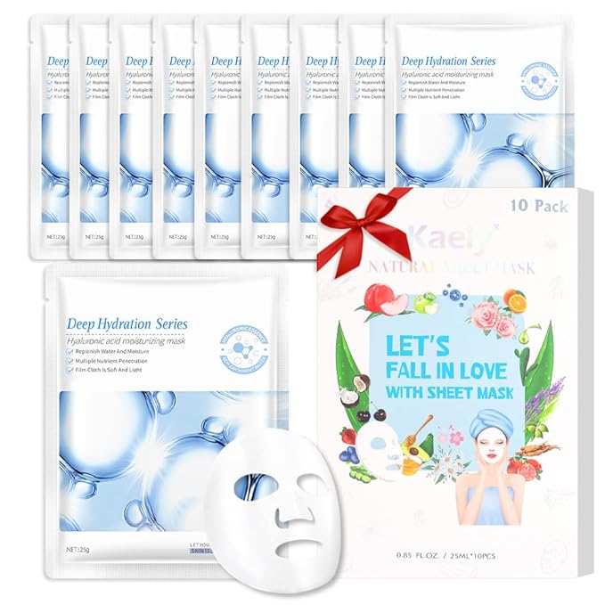 Kaely 10 Pack Hyaluronic Acid Masks, Hydrating Smoothing Face Masks for Women Men, Facial Mask Skin Care Korean, Moisturize Nourish for All Skin Types, Birthday Christmas Gifts, Set04