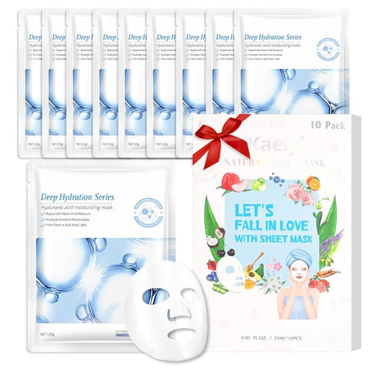 Kaely 10 Pack Hyaluronic Acid Masks, Hydrating Smoothing Face Masks for Women Men, Facial Mask Skin Care Korean, Moisturize Nourish for All Skin Types, Birthday Christmas Gifts, Set04