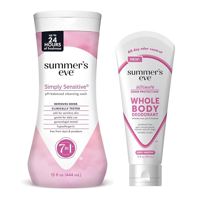 Summer's Eve, Whole Body Deodorant for Women, Ultimate Odor Control, Aluminum Free Deodorant, 3 Fl Oz + Simply Sensitive Daily Gentle All Over Feminine Body Wash, Removes Odor, pH Balanced, 15 fl oz