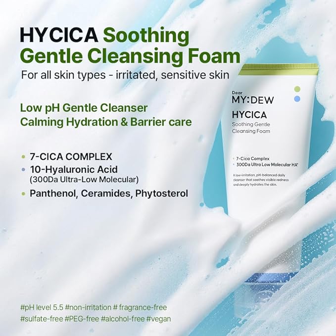 HYCICA Soothing Gentle Cleansing Foam | Low pH 5.5 Cleanser for Sensitive Skin, Calming Hydrating Cica Face Wash & Barrier Care, Centella, Ultra-Low Molecular HA, Korean Skincare, 5.07 fl oz