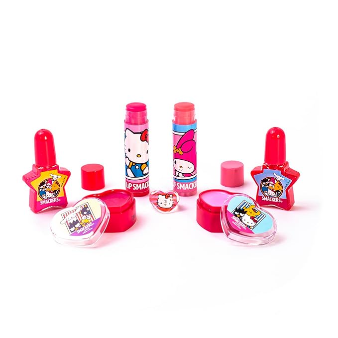 Lip Smacker Hello Kitty Nail Polish & Flavored Lip Balm Makeup Tote - Moisturizing Balms, Colorful Nail Polishes, Sanrio Accessory Ring, Stylish Tote Bag, Perfect Glam Gift for Hello Kitty Lovers