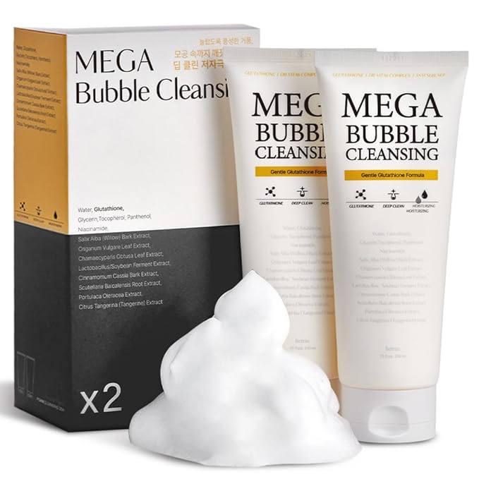 hetras. Mega Bubble Cleansing Foam 7.4 oz. 2 Pack – Deep Pore Facial Cleanser with Glutathione & Vitamn C,E - Gentle Hypoallergenic Moisturizing Wash for Sensitive Skin - Korean Skincare