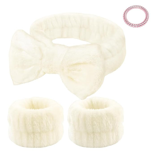 Fmeida Face Washing Headbands and Wristband Set Spa Skincare Headband for Makeup, Shower, Milk White, 3 Pack