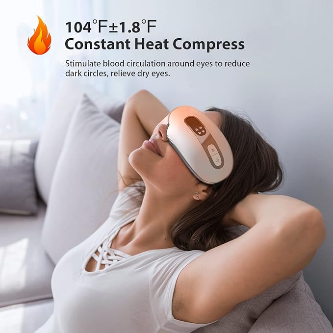 Eye Massager with Heat and Cooling for Migraines, Dry Eyes, Dark Circles, Rechargeable Bluetooth Music Cold Heated Eye Massager Improve Sleeping - Gifts for Women and Men (White)