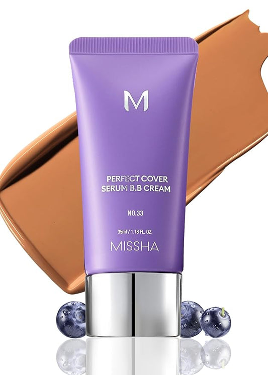 MISSHA M PERFECT COVER SERUM BB CREAM No.33 Tan -Tan with Warm Undertone, BB Cream by Cardi B Pick, Skin Tint, Tinted Moisturizer, Skin Care Foundation Makeup, Korean Makeup, 1.18 Fl oz