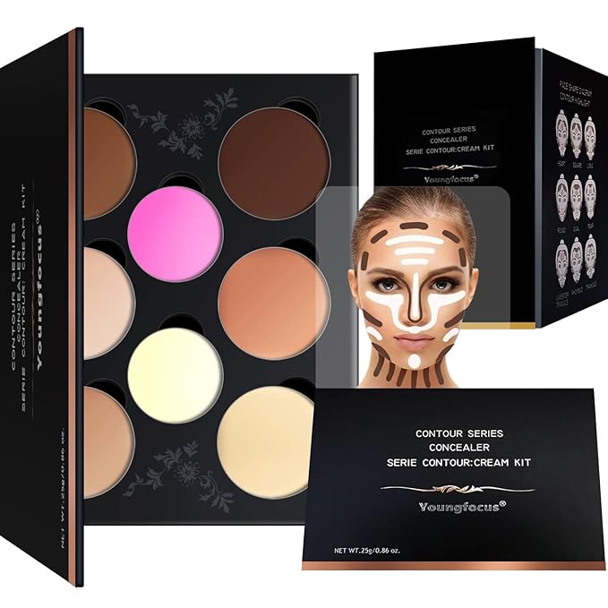 Youngfocus Cosmetics Cream Contour Best 8 Colors Contouring Foundation - Highlighting Makeup Kit/Concealer Palette - Vegan, Cruelty Free and Hypoallergenic - Instruction Manual（Deep Pink）