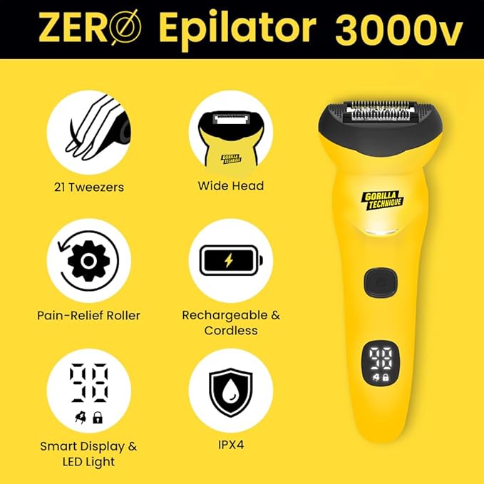 Gorilla Technique Epilator 3000V, Facial & Body Hair Removal Device, Pain Relief Roller, Cordless Rechargeable Electric Tweezers for Women & Men, Triple Tweezers, 8000RPM, Korean Skin Care - 3000V