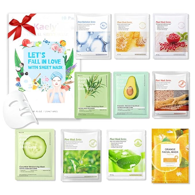 Kaely 10 Pack Variety Face Masks for Kids, Kids Face Mask Spa Day Kit Supplies, Spa Party Favors for Teens Girls Women, Sheet Facial Mask Skincare Gifts Set, Hydrating Nourish for All Skin Types, 01