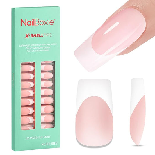modelones French Tip Press on Nails, 150Pcs Long Square Fake Nails with Nail Box, Pink & White Gel Nail Tips for Women, Soft Glue-On Nails for Natural Salon Look, DIY Nail Art Kit (15 Sizes)