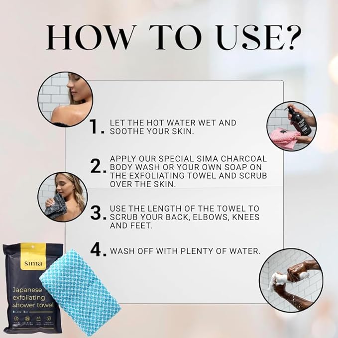 Exfoliating Washcloth Face & Body Scrub Towel - Japanese Exfoliating Towel with Hexagon Fibers, Body Scrubber with 2 Sides for Scrubbing & Washing, Extra Long Body Towel (Blue)