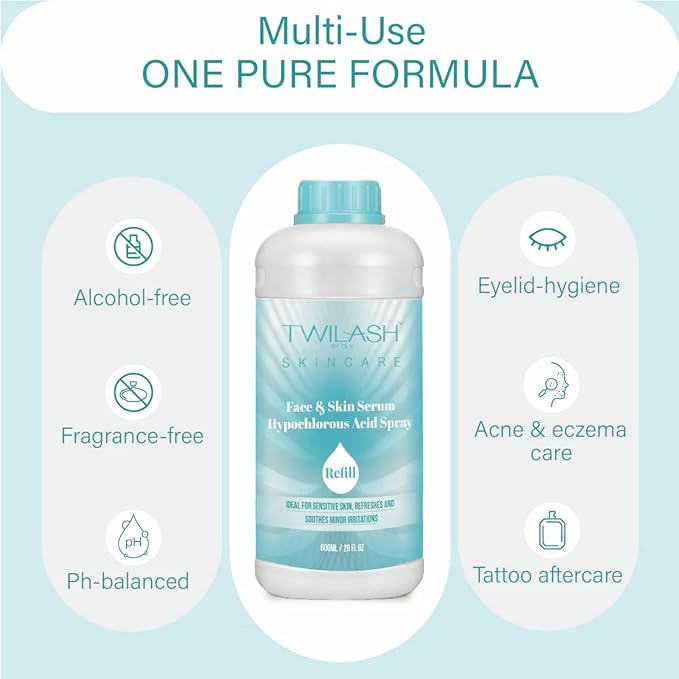 Hypochlorous Acid Spray 600ml Refill | HOCl Face & Skin Cleanser | Facial Mist, Acne & Eczema Relief, Tattoo & Piercing Aftercare | Eyelid Lash Cleanser | Alcohol-Free pH-Balanced Toner