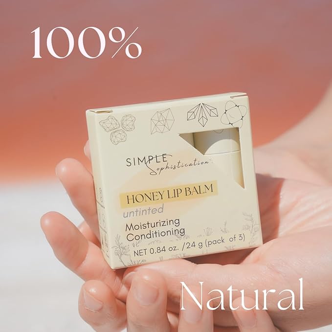 Natural Honey Lip Balm - 100%-grassfed Beef Tallow Chapstick, Organic Raw Honey & Argan Oil - Ultra Moisturizing, Conditioning, No Paraffin, Non Toxic, all Natural - 3 Pack (3x0.28 oz) Untinted