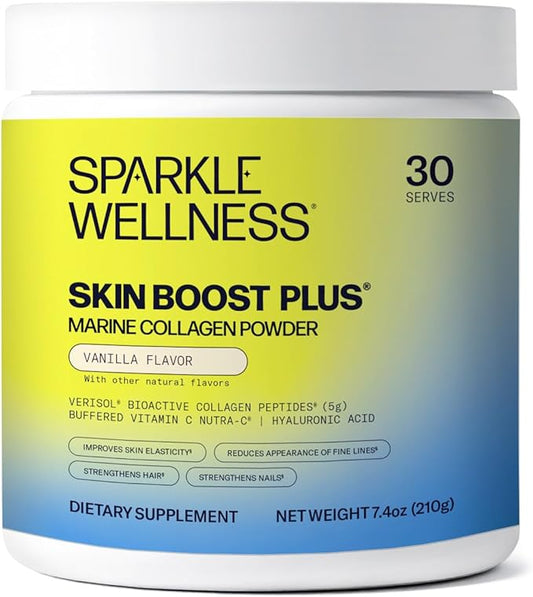 Sparkle Wellness Marine-derived VERISOL Bioactive Hydrolyzed Collagen Peptides | Collagen Powder Supplement with Vitamin C & Hyaluronic Acid | Marine Skin Boost Plus (Vanilla) [30-Serves]