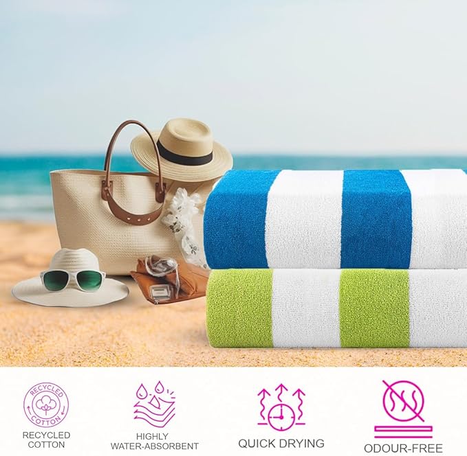 CASA COPENHAGEN Cabana Beach Designed in Denmark Rough and Tough, Quick Dry, Pool, Bath & Shower 30x60 inches 4 Pieces Cotton Beach Bath Towels Set - Turquoise, Green, Pink, Royal Blue