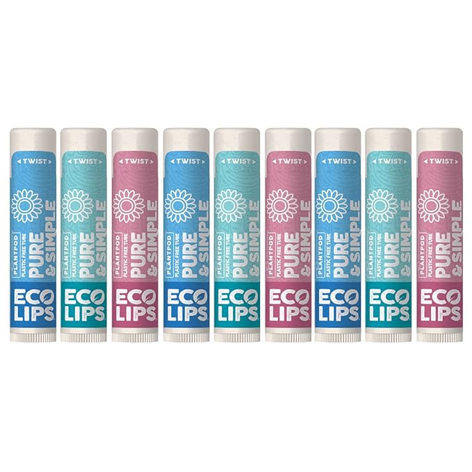 Eco Lips - Pure & Simple Raspberry, Coconut and Vanilla Organic Lip Balm 9-Pack (0.15 oz.) - 100% Natural. 100% Plastic-Free Plant Pod Packaging. Made in USA