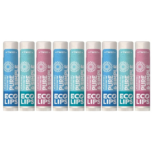 Eco Lips - Pure & Simple Raspberry, Coconut and Vanilla Organic Lip Balm 9-Pack (0.15 oz.) - 100% Natural. 100% Plastic-Free Plant Pod Packaging. Made in USA