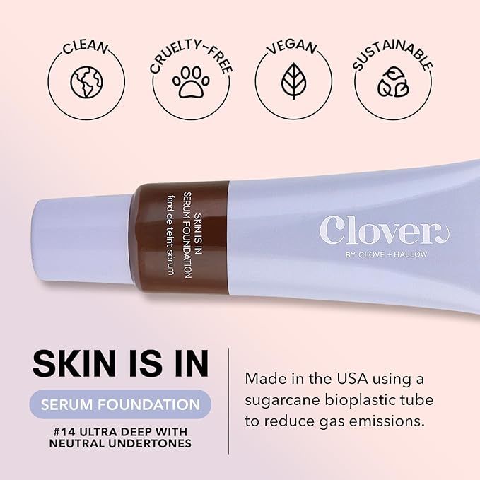 Clover Skin Is In Serum Foundation | Hydrating Face Serum, Lightweight Foundation, Cruelty-Free & Vegan | With Squalane And Sunflower Seed Wax | 30 ml - Shade 14 (Deep)