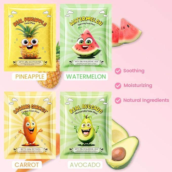 12 Pack Fruit Kids Face Mask,Pink Face Masks Skincare Spa Day Kit Supplies,Spa Party Favors for Teens Girls Women,Sheet Facial Mask Skincare Gifts Set,Moisturize Soothe for All Skin Types