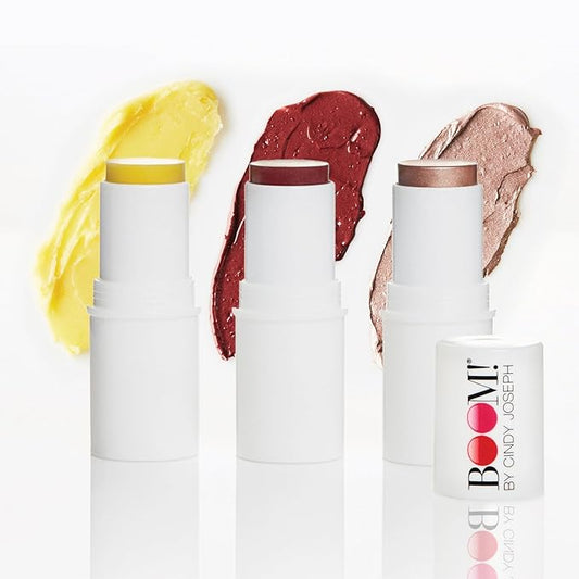 BOOM! by Cindy Joseph Boomstick Trio - 3 Pack Boom Makeup Sticks - Blush Stick in Berry, Highlighter Stick & Moisturizer Stick - Multi-Use Vegan Makeup Sticks for Older Women & Mature Skin