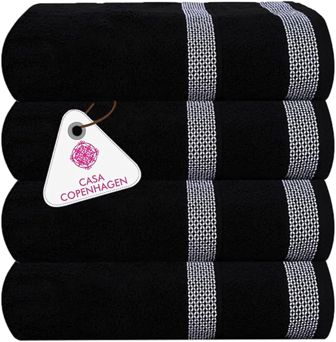 CASA COPENHAGEN Solitaire Towels, 4 Pieces Bath Towel Set- Black, 600 GSM Designed in Denmark Made of Soft Egyptian Cotton for Bathroom, Kitchen & Shower