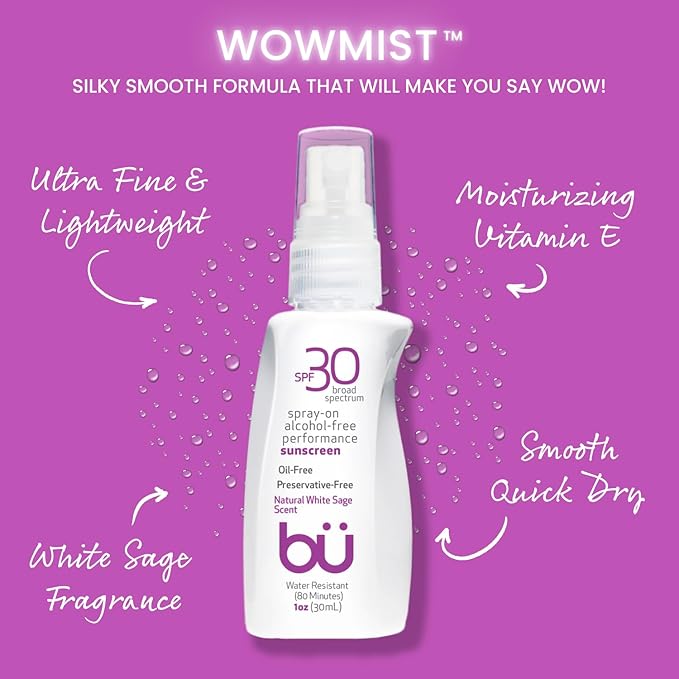 BU SPF 30 Sunscreen Spray for Face and Body, Non Aerosol Spray, TSA Travel Size Sunblock, Clear, Non Greasy, Water Resistant, White Sage 1 oz