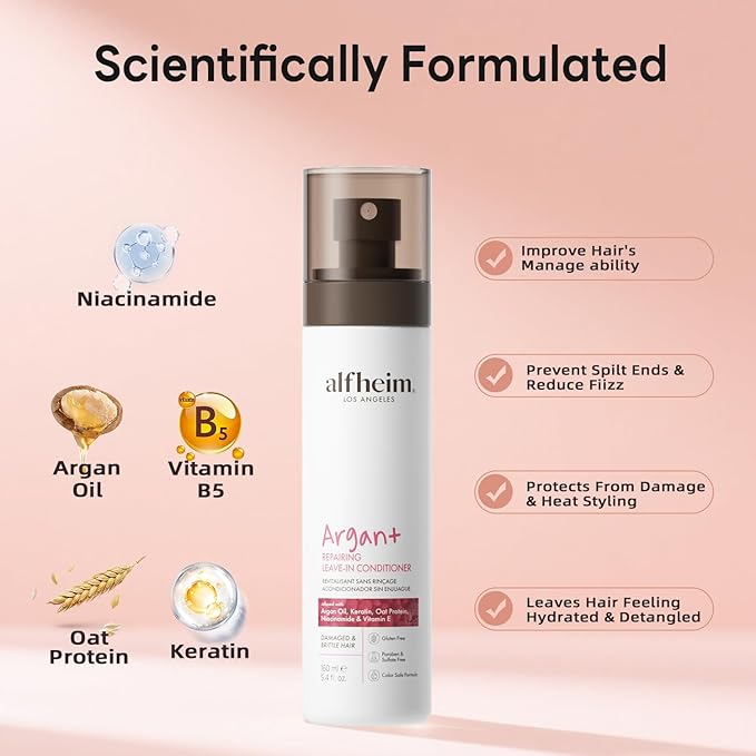 ALFHEIM Argan+ Repairing Leave-In Conditioner | Lightweight Hair Detangler & Anti-Frizz Spray | Moisturizing & Nourishing with Argan Oil, Keratin, Niacinamide | For Dry, Damaged, Frizzy Hair | 5.4 oz