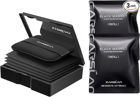 CARSLAN Makeup Blotting Paper with Powder, Black Magnet Blotting Sheets for Oily & Combination Skin, Portable Compact with Puff & Mirror, Keeps Makeup Fresh All Day, 450 Sheets + 8 Refill Pads