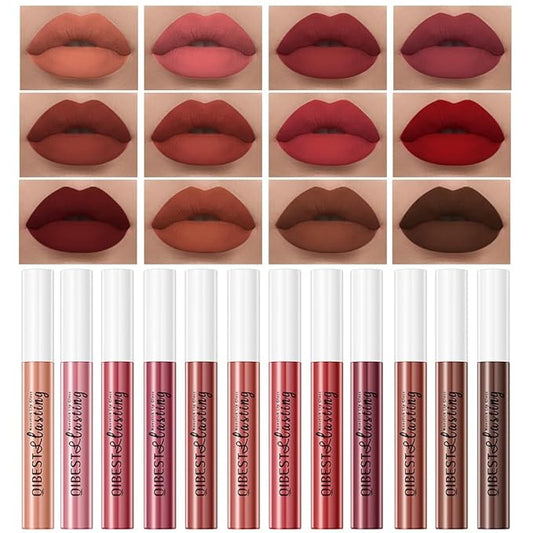 QiBest 12Pcs Velvet Matte Liquid Lipstick Makeup Sets for Women & Teens Gift, Waterproof Long Wear 24 Hours Nudes Burgundy Red Brown Lip Stain Kits, Non-Stick Cup Mate 24 Horas Lip Gloss Holiday Set