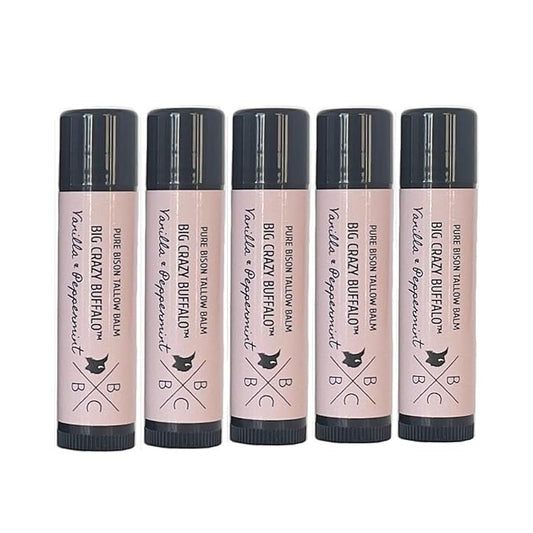 Pure Bison Tallow Lip Balm, Vanilla & Peppermint, (5 pack) - Moisturizing, Non-Habit Forming, Hydrating