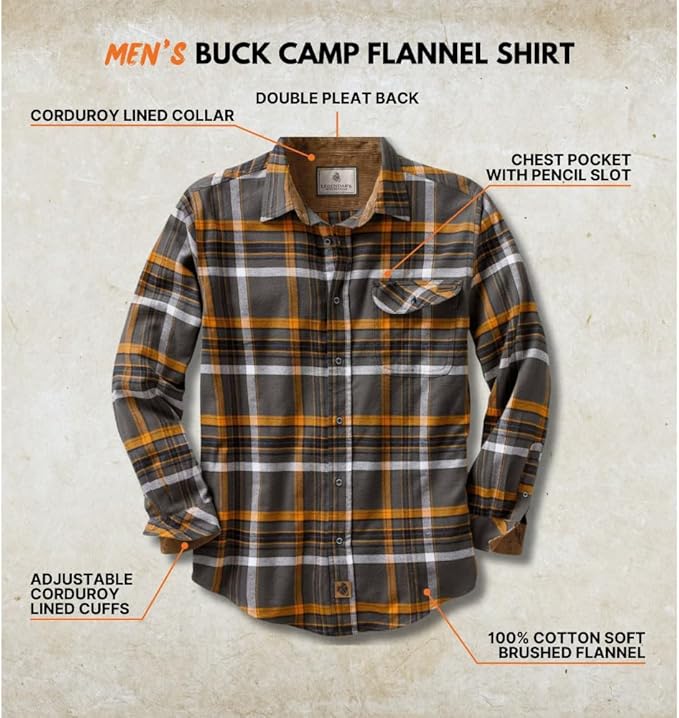 Legendary Whitetails Men's Flannel Shirt Long Sleeve Button Down 100% Cotton