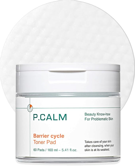 P.CALM Barrier Cycle Toner Pad – 60 Pads with Centella Asiatica & Papaya Extract for Soothing, Moisturizing & Exfoliating, Korean Vegan Facial Toners Pads for Sensitive Skin (160ml / 5.41 fl.oz)
