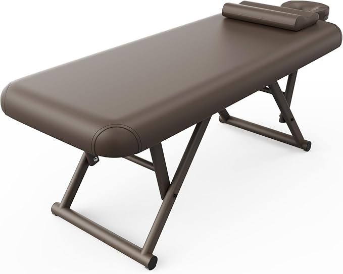 Dolonm Height Adjustable Massage Table with Face Pillow & Headrest for Treatment Table, Physical Therapy Table, Spa Facial Professional Massage Bed - Fixed Backrest, Brown
