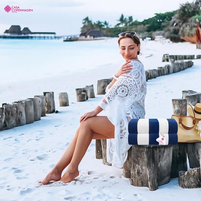 CASA COPENHAGEN Cabana Pool Towels Designed in Denmark Rough and Tough, Quick Dry, for Pool, Bath & Shower 2 Piece Cotton Pool Towels Set - Royal Blue