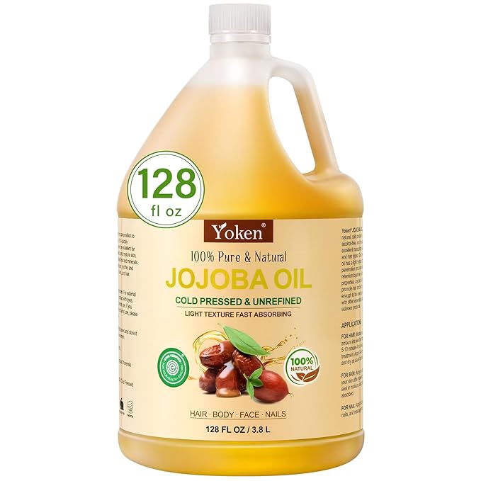 Yoken 1 Gallon Jojoba Oil EWG Verified - 100% Pure Jojoba Oils Bulk Cold Pressed Unrefined Hexane Free Virgin Golden jojoba Carrier Oil for Hair Skin Massage DIY Natural Body Moisturizer