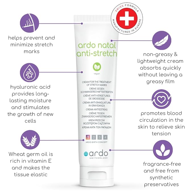 ARDO Anti-Stretch Mark Cream, Swiss Formula. Helps Prevent & Reduce Stretch Marks During Pregnancy & After Birth, Cruelty-Free, Vegan & Fragrance Free, Made in Europe, (100ml/3.4 fl.oz)