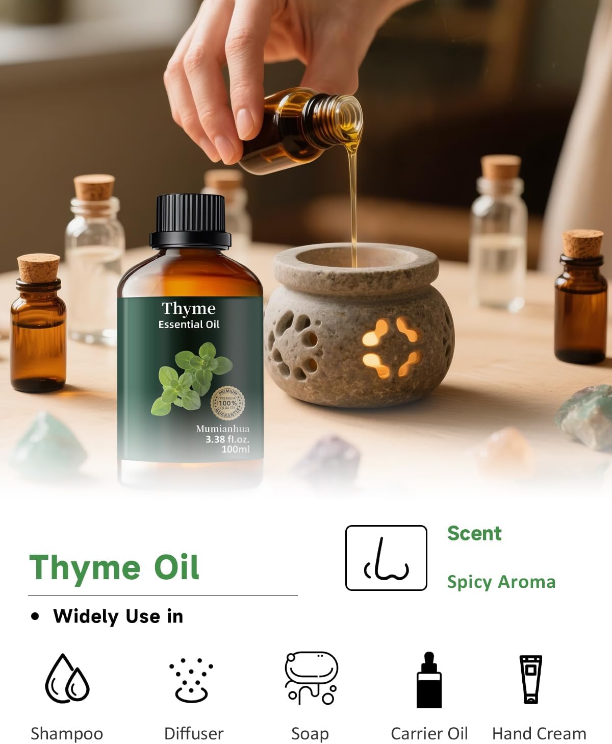 Thyme Essential Oil Pure, Mumianhua Natural Thyme Oil, Therapeutic Grade Aromatherapy Oil for Diffuser, Hair Care, Skin, Massage, Soap,Candle Making, Scent DIY 3.38 Fl Oz
